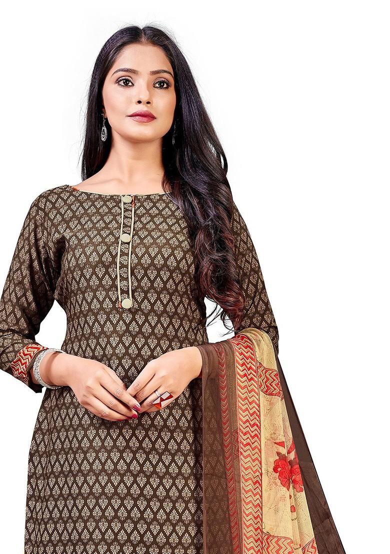 Brown Printed Poly Blend Kurta Set - Indya