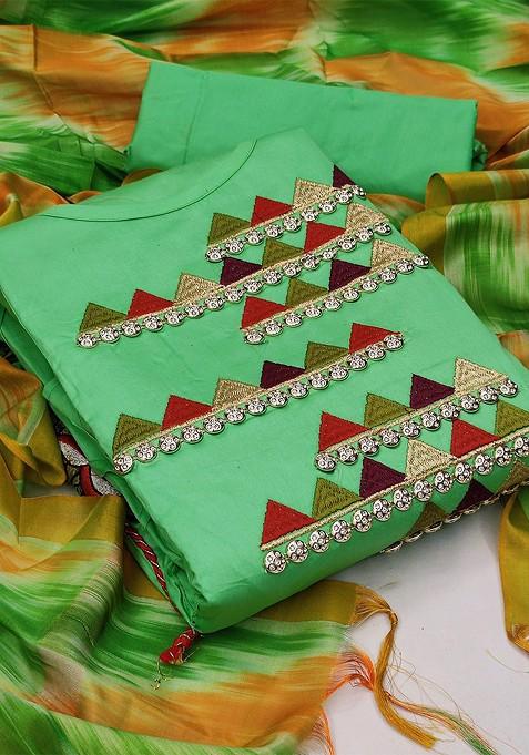 Green Embroidered Blended Straight Kurta Set