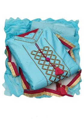 Blue Embroidered Poly Blend Kurta Set