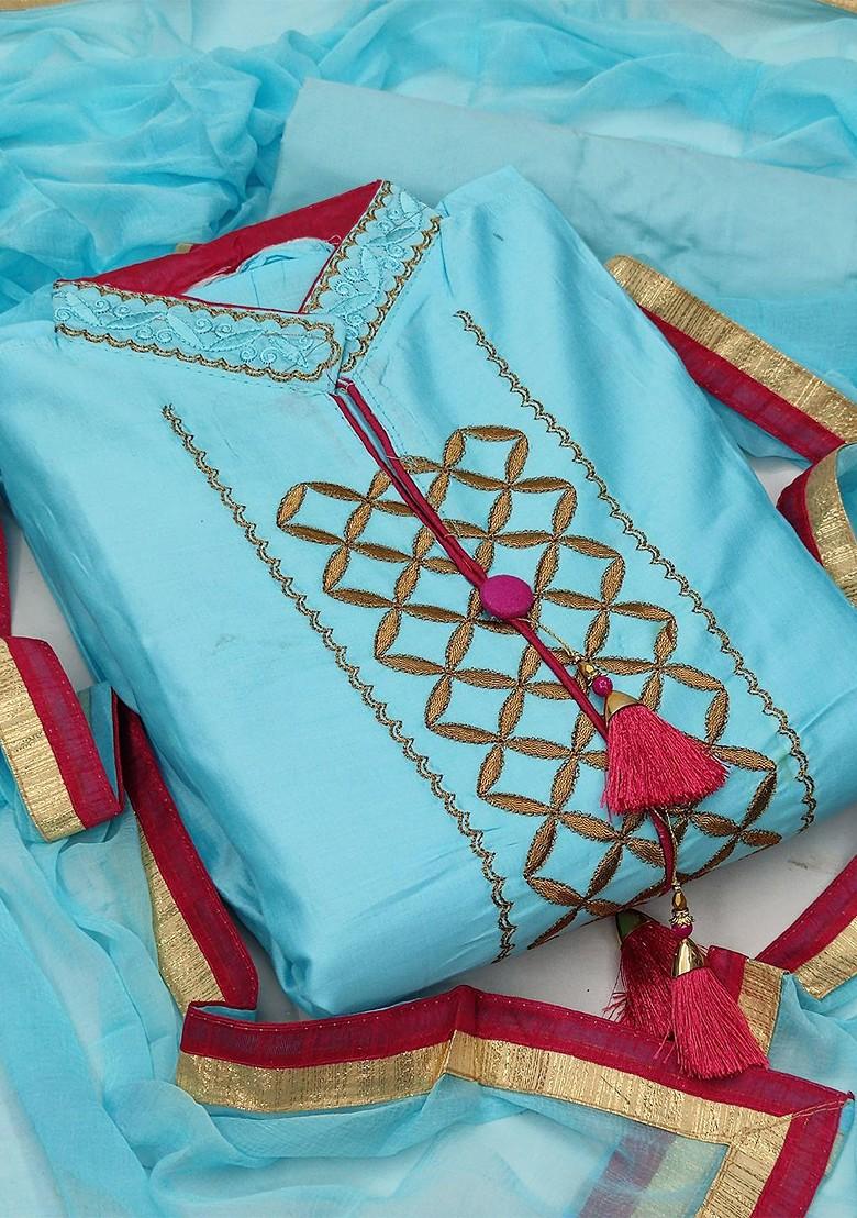 Blue Embroidered Poly Blend Kurta Set - Indya