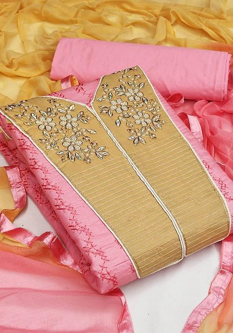 Pink Embroidered Blended Straight Kurta Set