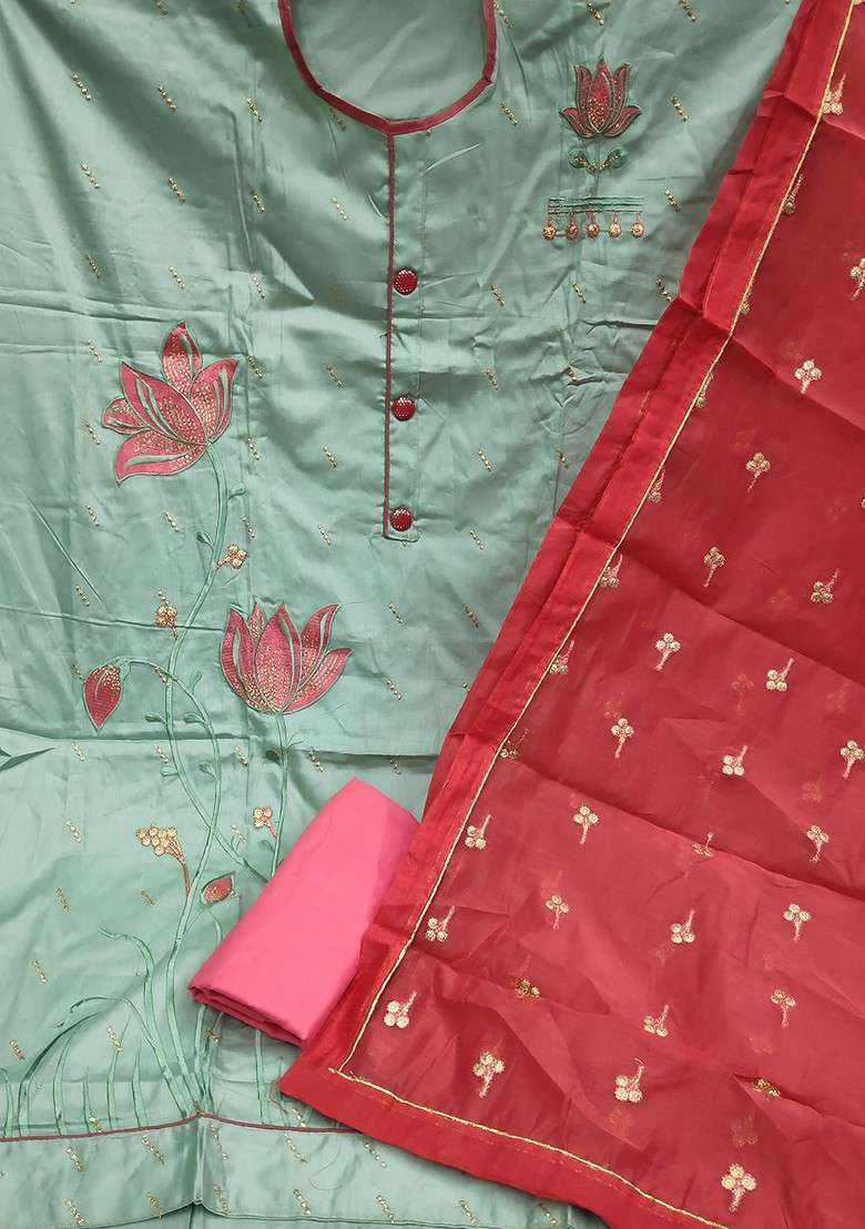 Olive Embroidered Blended Straight Kurta Set - Indya