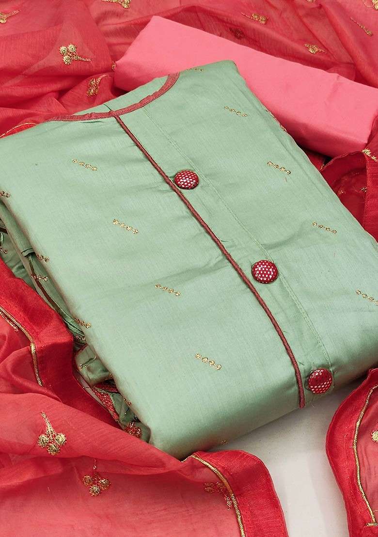 Olive Embroidered Chanderi Straight Kurta Set - Indya