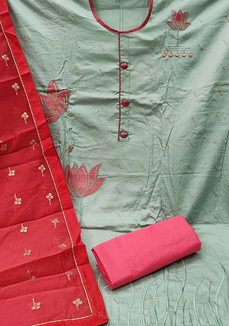 Olive Embroidered Chanderi Straight Kurta Set - Indya