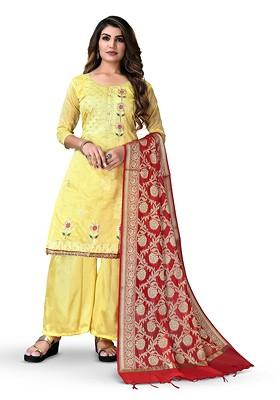 Yellow Embroidered Poly Blend Kurta Set
