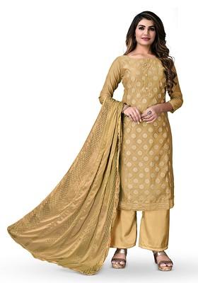 Beige Floral Print Poly Blend Kurta Set