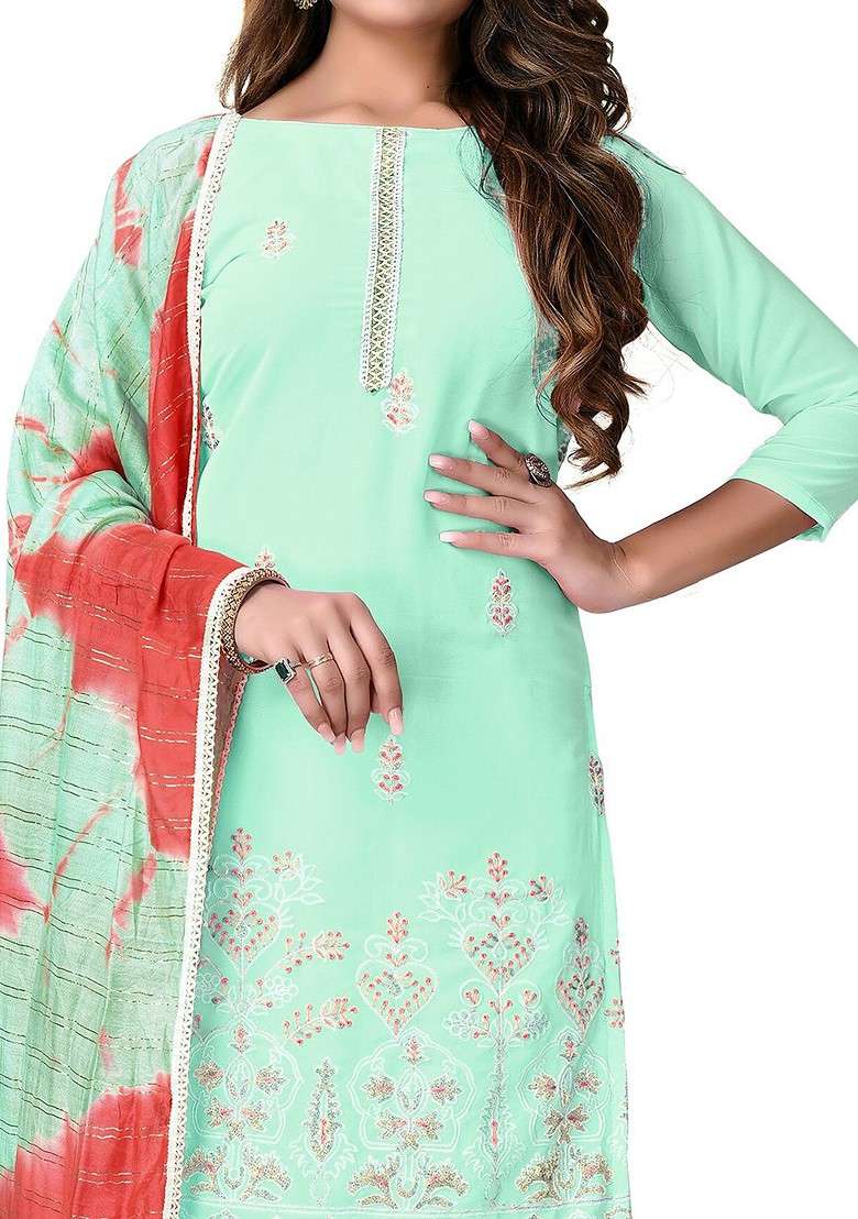 Sea Green Embroidered Poly Pakistani Suit Set - Indya