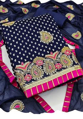 Navy Blue Printed Poly Blend Kurta Set