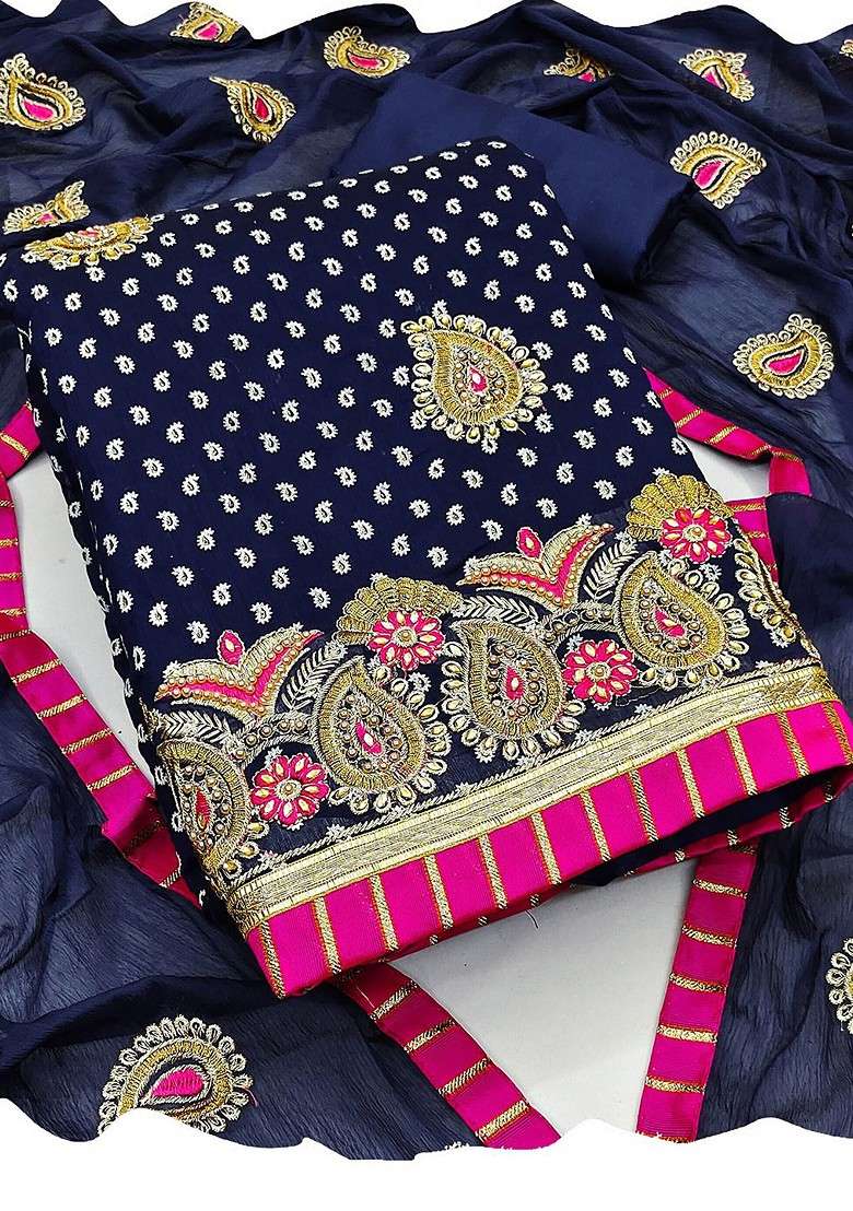 Navy Blue Printed Poly Blend Kurta Set - Indya