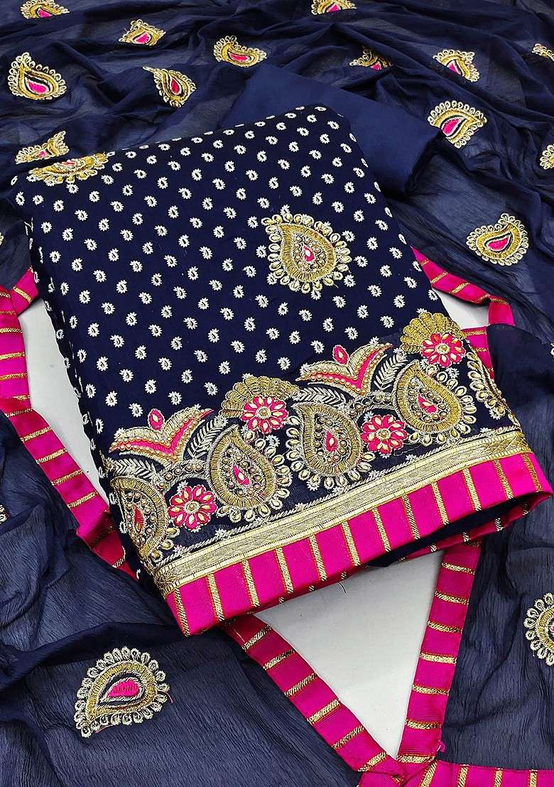 Navy Blue Printed Poly Blend Kurta Set - Indya