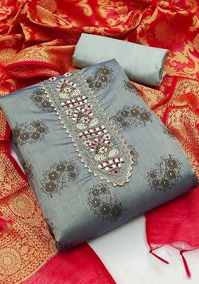 Grey Embellished Poly Blend Kurta Set