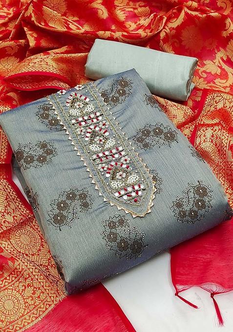 Grey Embellished Poly Blend Kurta Set