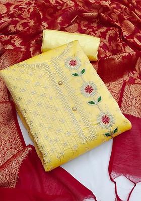 Yellow Embroidered Poly Blend Kurta Set
