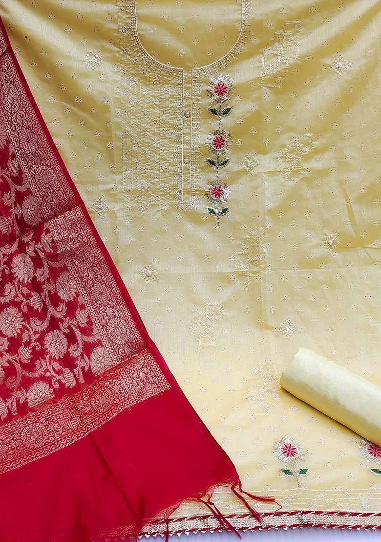 Yellow Embroidered Poly Blend Kurta Set - Indya