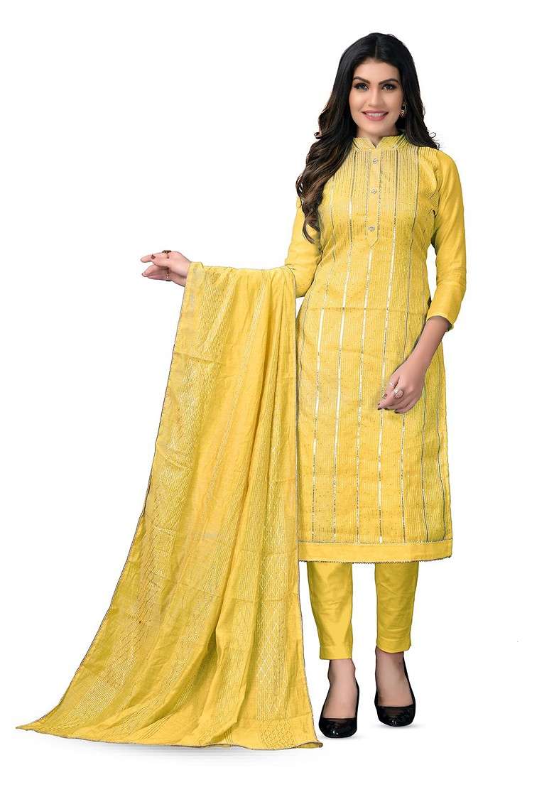 Yellow Embroidered Blended Straight Kurta Set - Indya