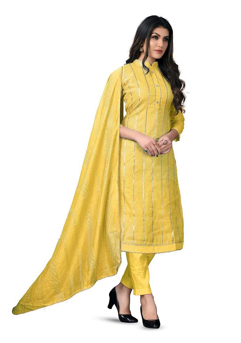 Yellow Embroidered Blended Straight Kurta Set - Indya