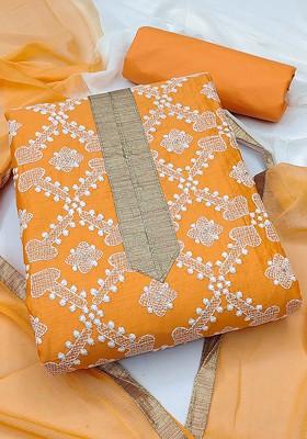 Orange Embroidered Poly Blend Kurta Set