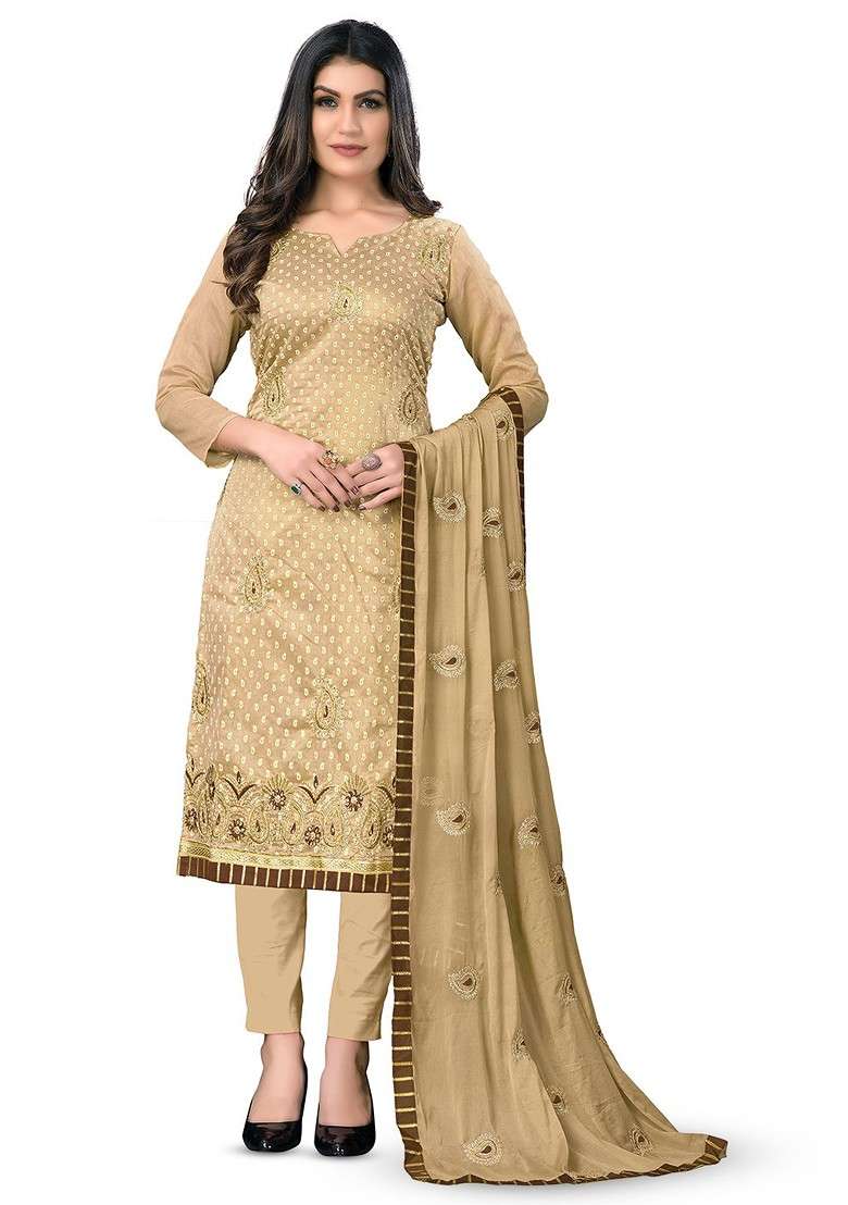 Beige Embroidered Blended Pakistani Suit Set - Indya