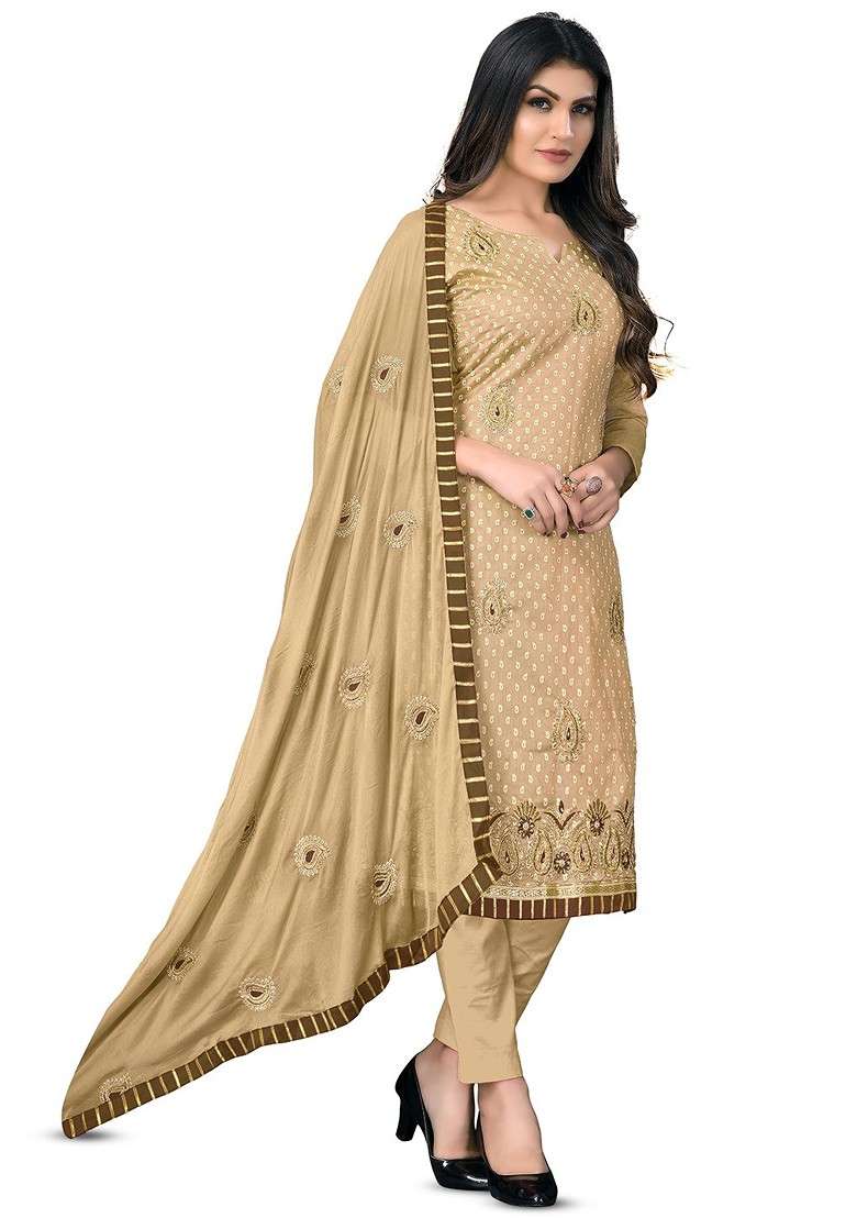 Beige Embroidered Blended Pakistani Suit Set - Indya
