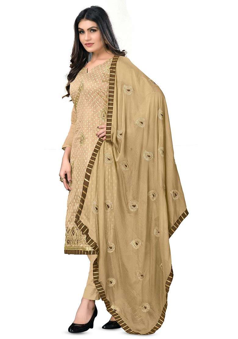 Beige Embroidered Blended Pakistani Suit Set - Indya