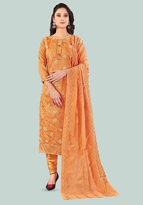 Orange Embellished Poly Blend Kurta Set
