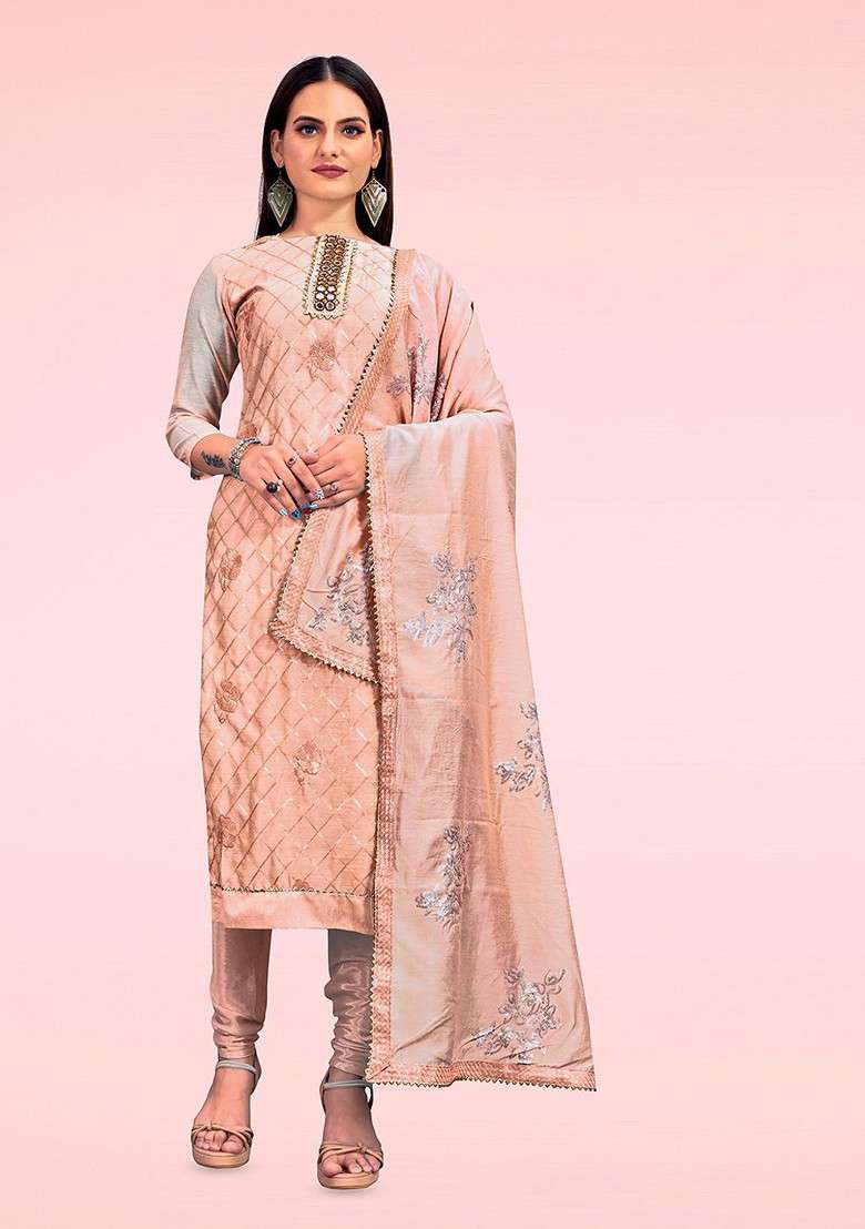 Peach Embellished Poly Blend Kurta Set - Indya