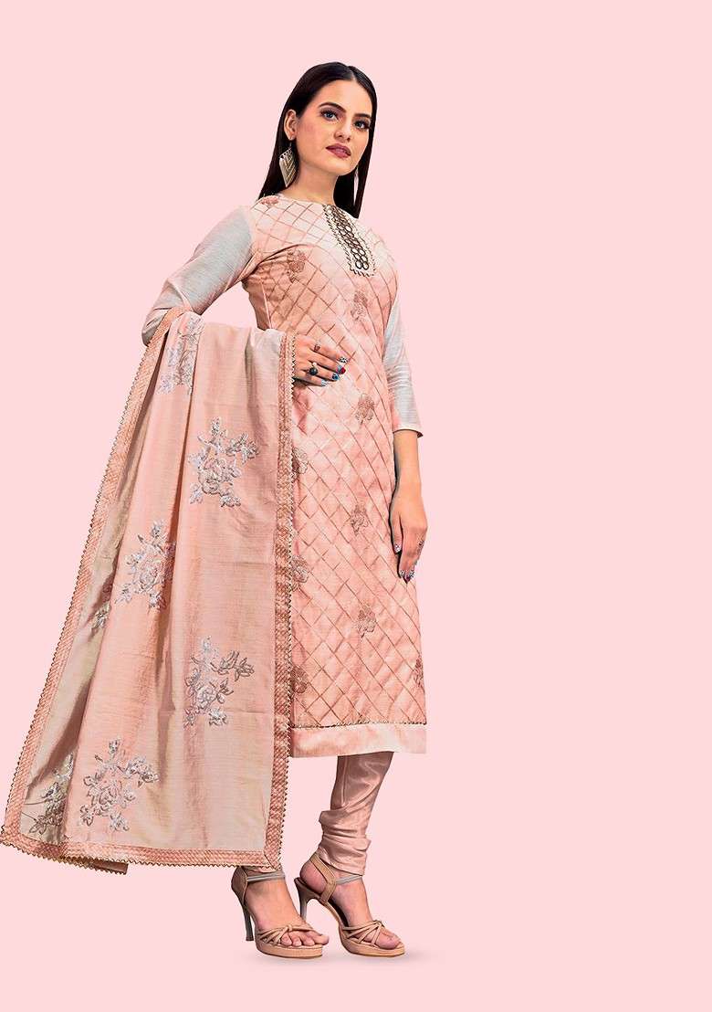 Peach Embellished Poly Blend Kurta Set - Indya