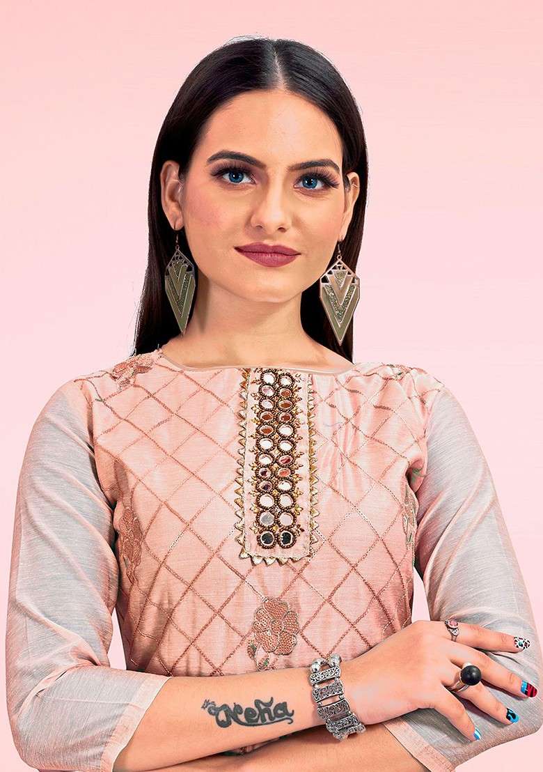 Peach Embellished Poly Blend Kurta Set - Indya