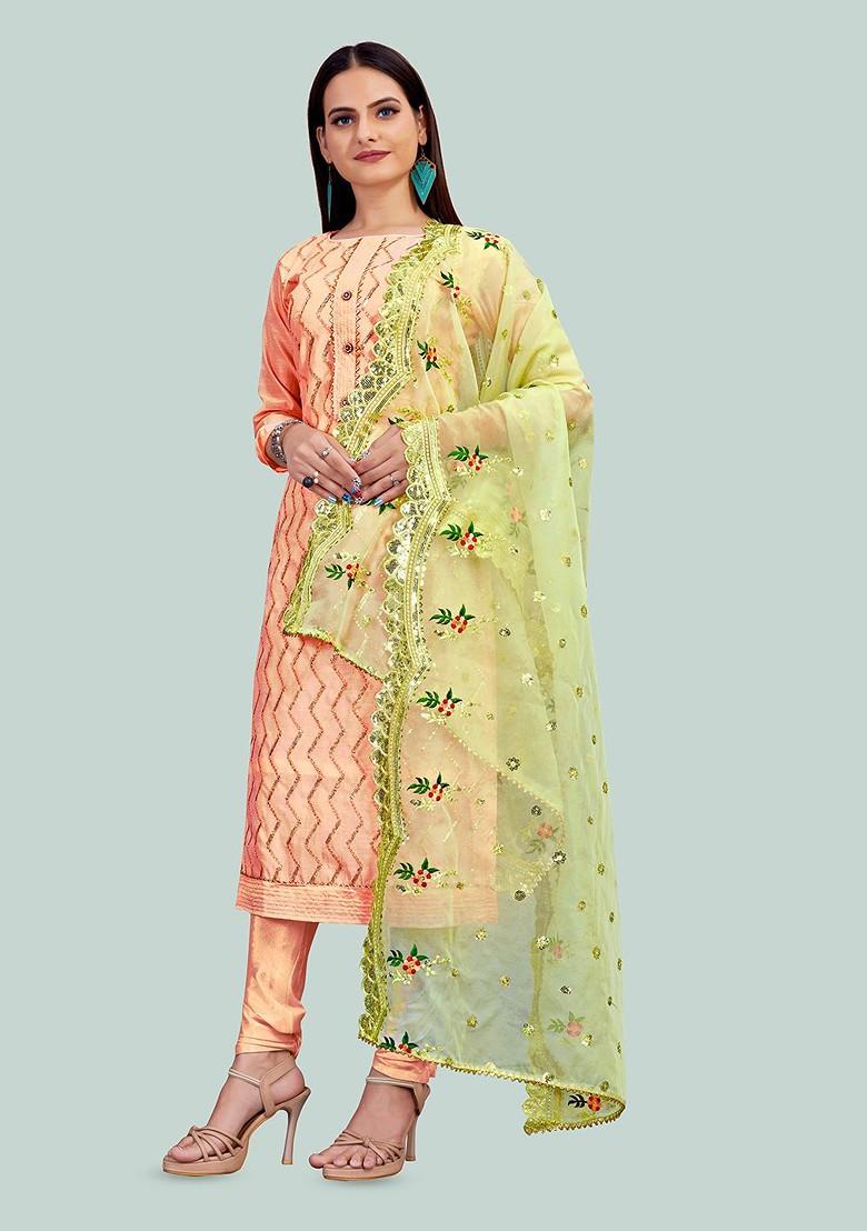 Peach Embellished Poly Blend Kurta Set - Indya