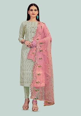 Grey Embellished Poly Blend Kurta Set