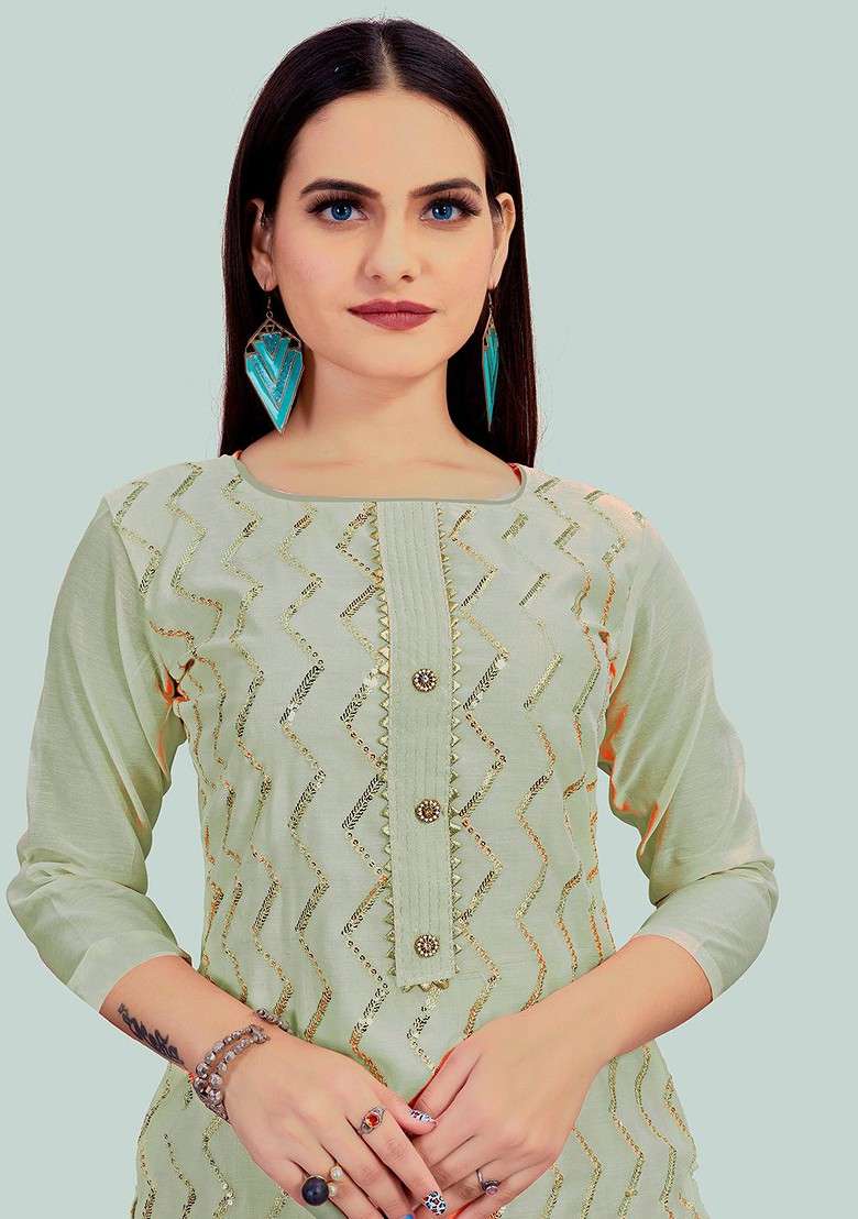 Grey Embellished Poly Blend Kurta Set - Indya