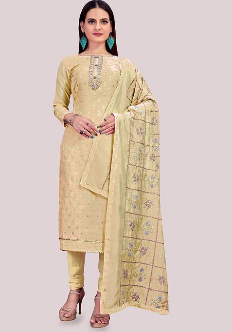 Beige Woven Banarasi Jacquard Kurta Set
