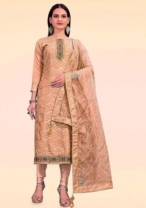 Peach Woven Poly Blend Kurta Set