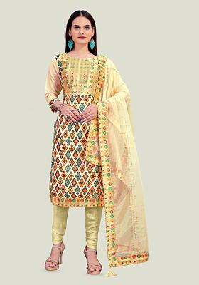 Cream Printed Poly Blend Kurta Set