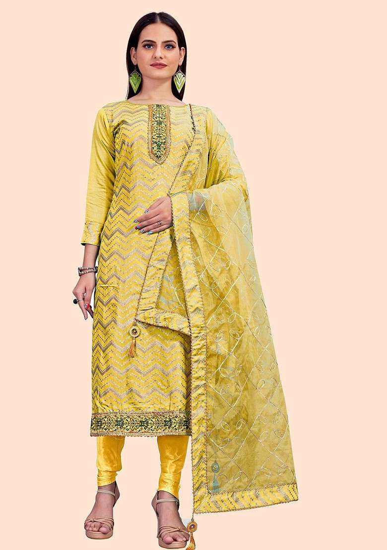 Yellow Jacquard Blended Pakistani Suit Set - Indya