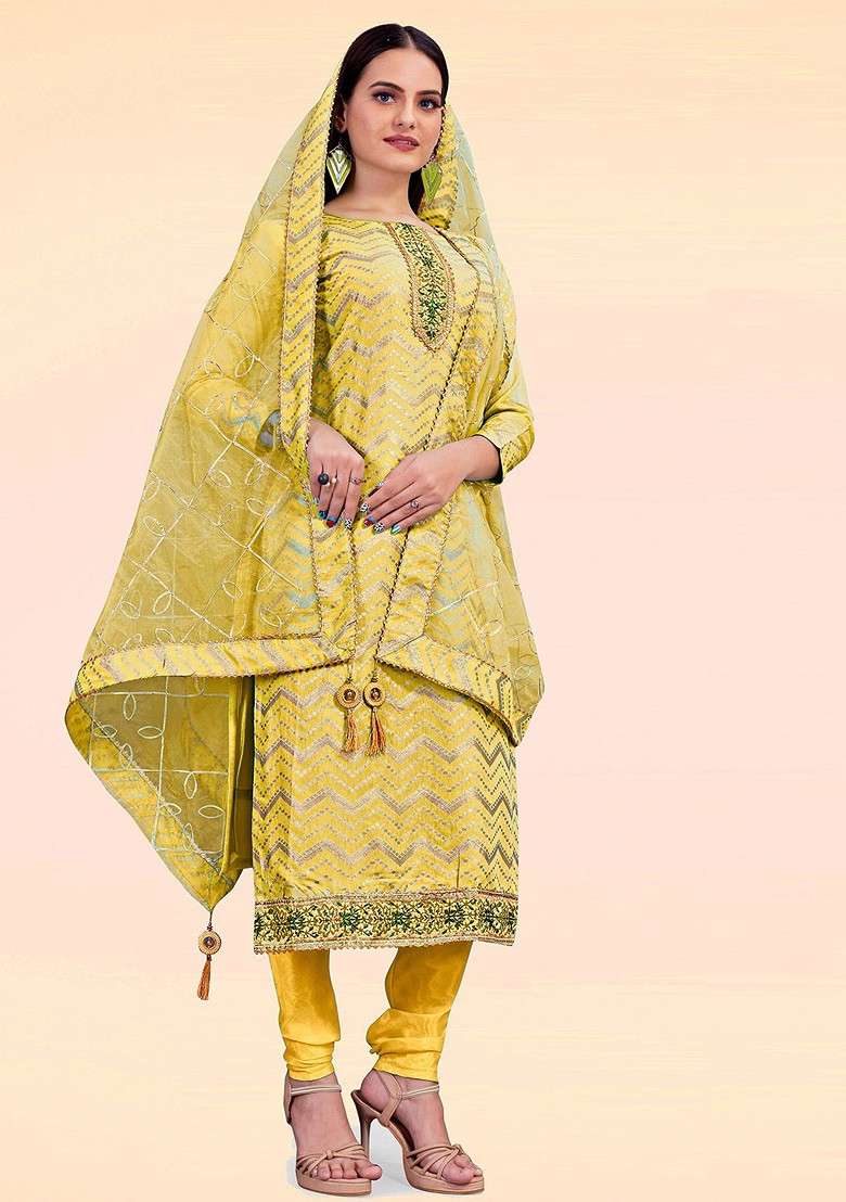 Yellow Jacquard Blended Pakistani Suit Set - Indya
