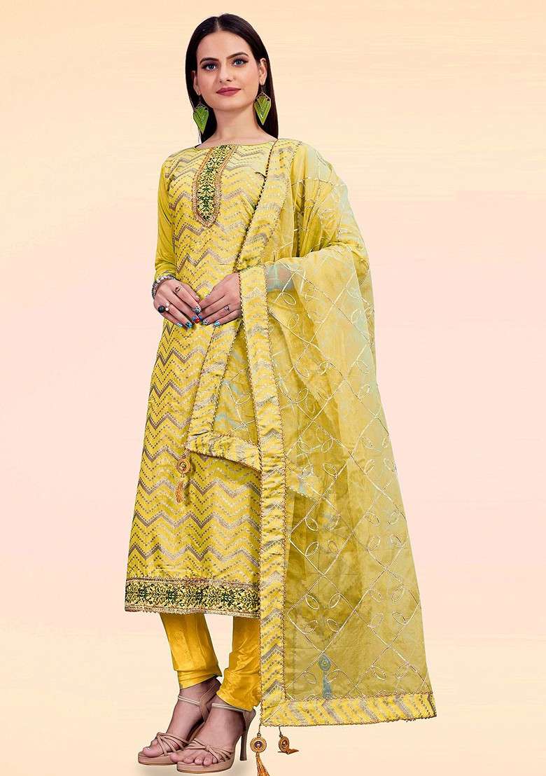 Yellow Jacquard Blended Pakistani Suit Set - Indya