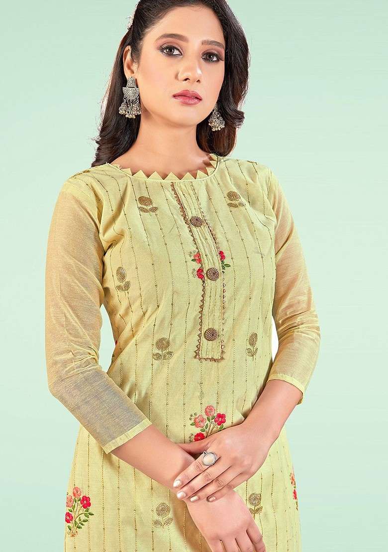 Yellow Embroidered Poly Straight Kurta Set - Indya