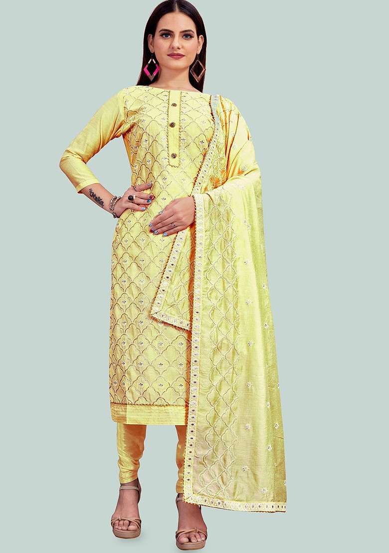 Yellow Embroidered Blended Straight Kurta Set - Indya