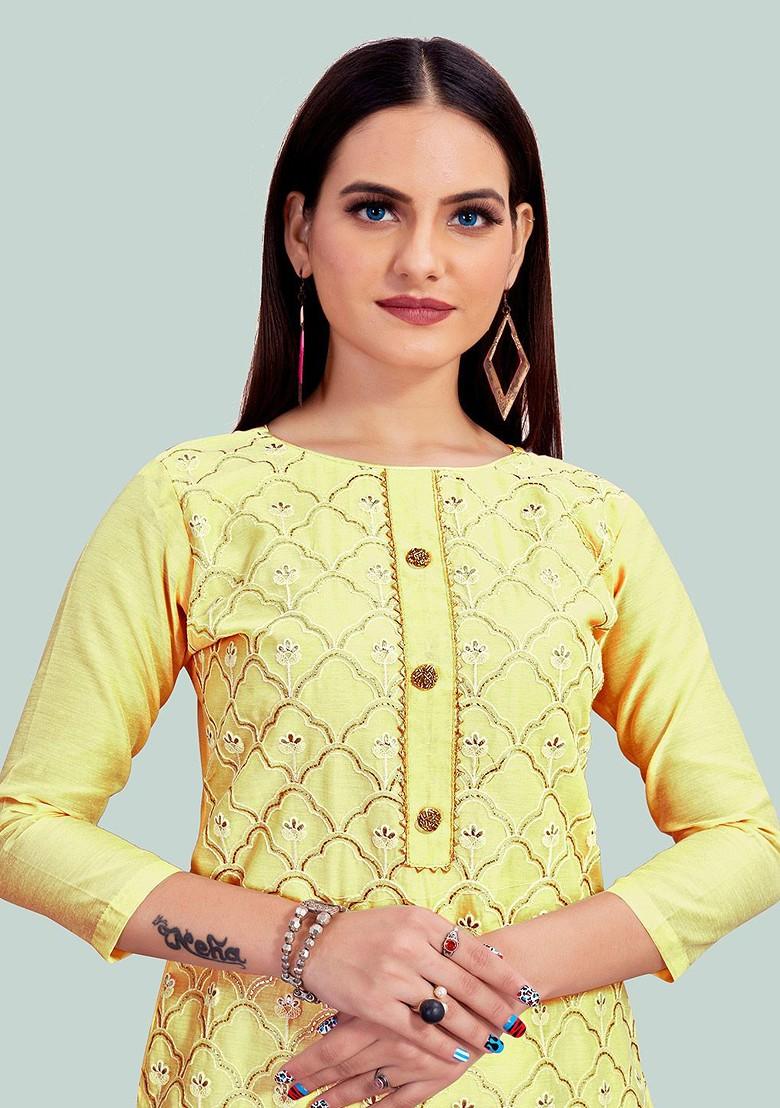 Yellow Embroidered Poly Blend Kurta Set