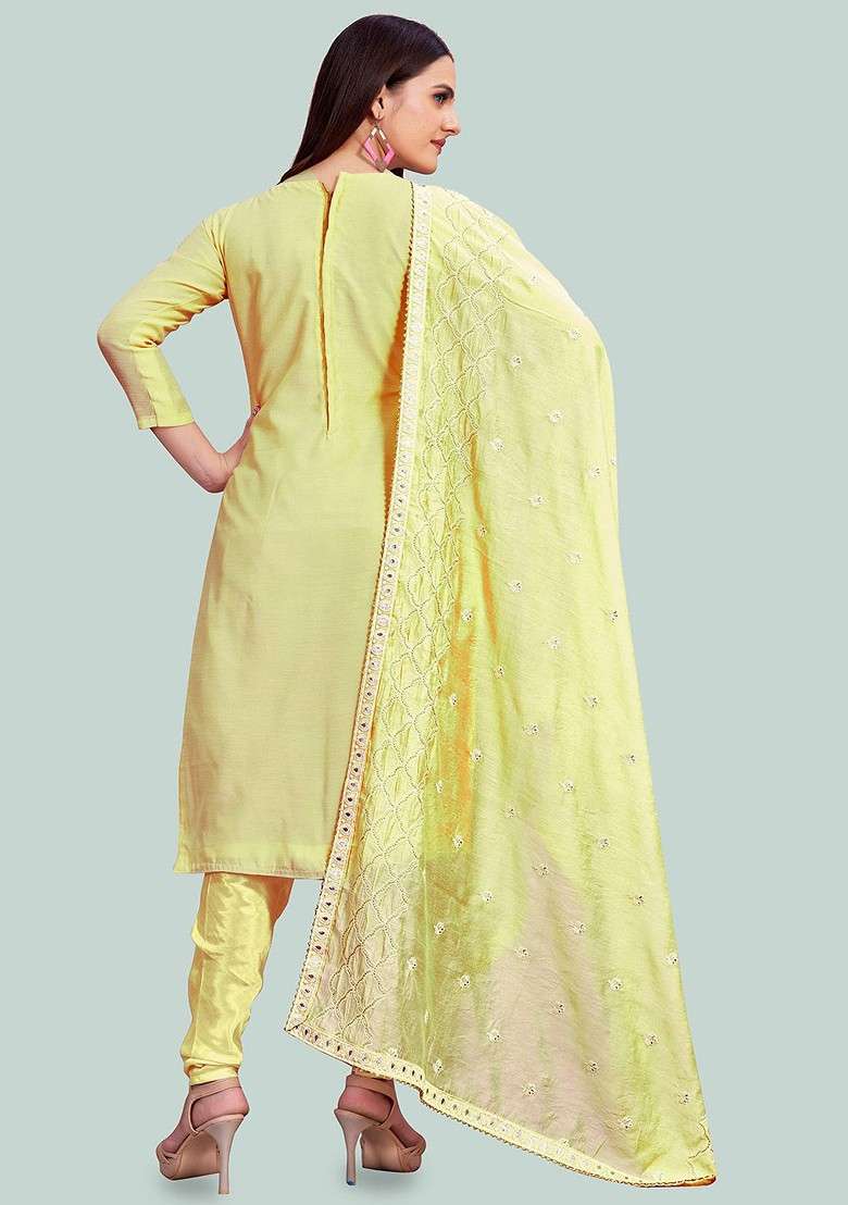 Yellow Embroidered Blended Straight Kurta Set - Indya