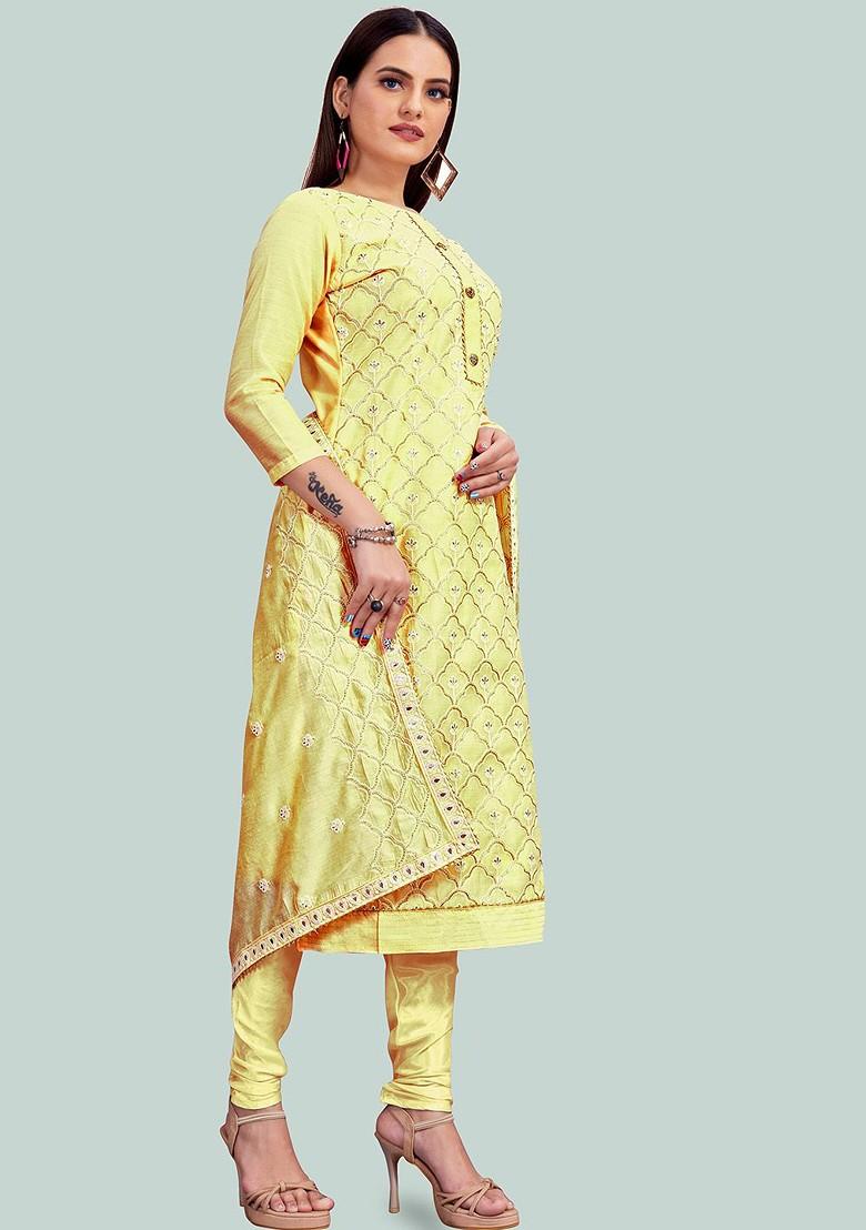 Yellow Embroidered Poly Blend Kurta Set