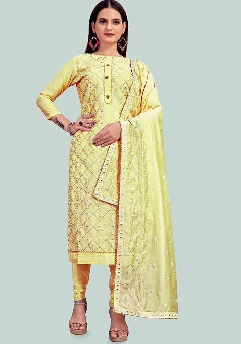 Yellow Embroidered Poly Blend Kurta Set