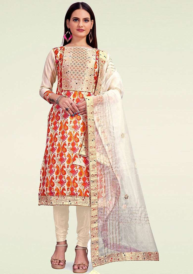 Beige Printed Blended Pakistani Suit Set - Indya