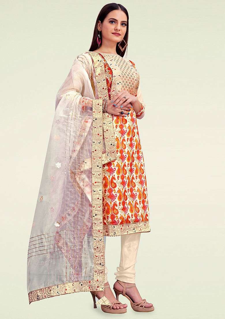 Beige Printed Blended Pakistani Suit Set - Indya