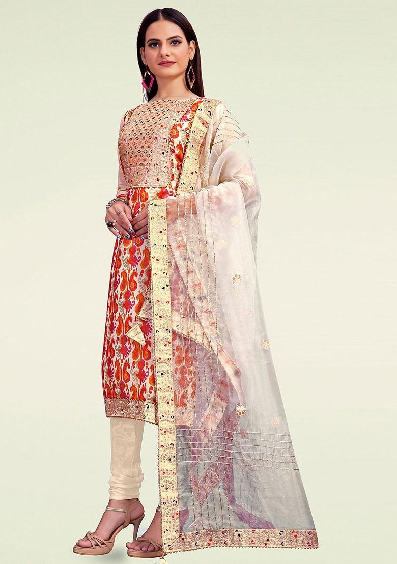 Beige Printed Poly Blend Kurta Set - Indya