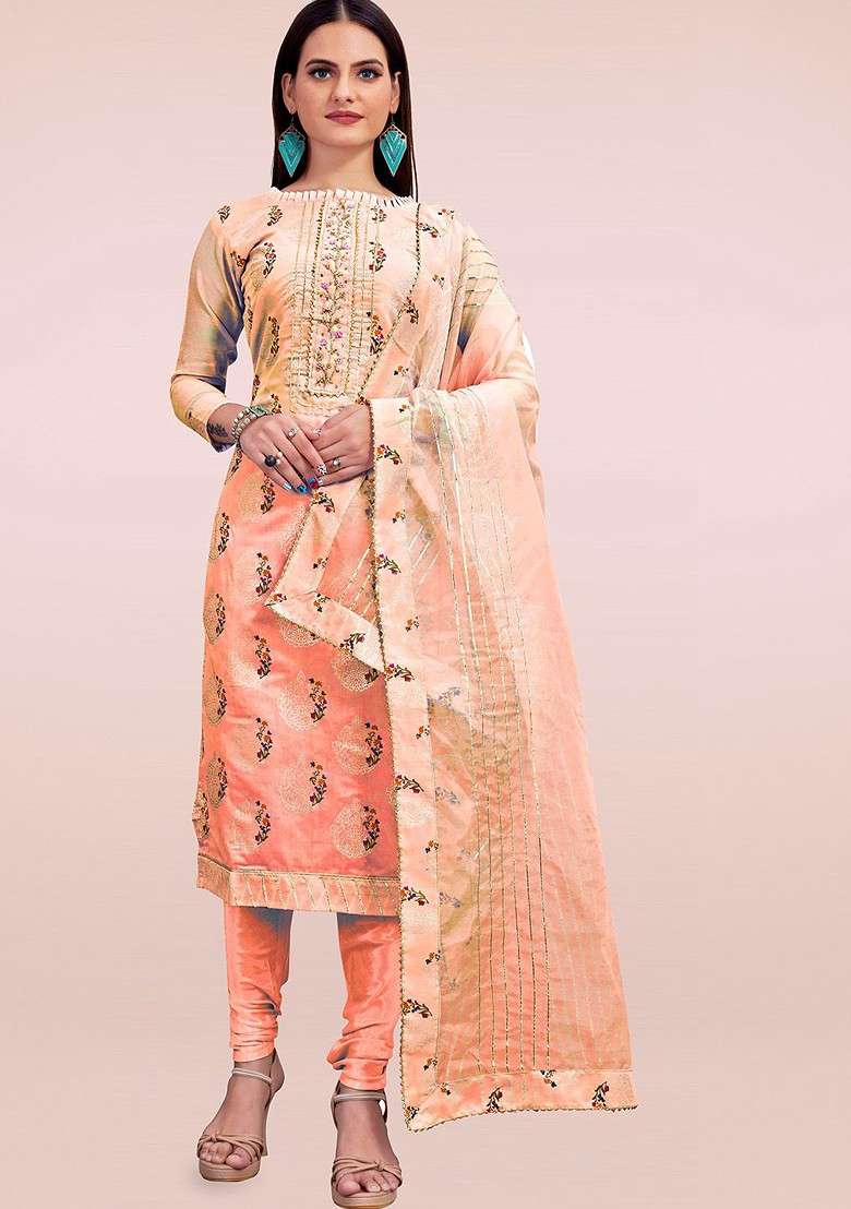 Peach Embroidered Poly Straight Kurta Set - Indya