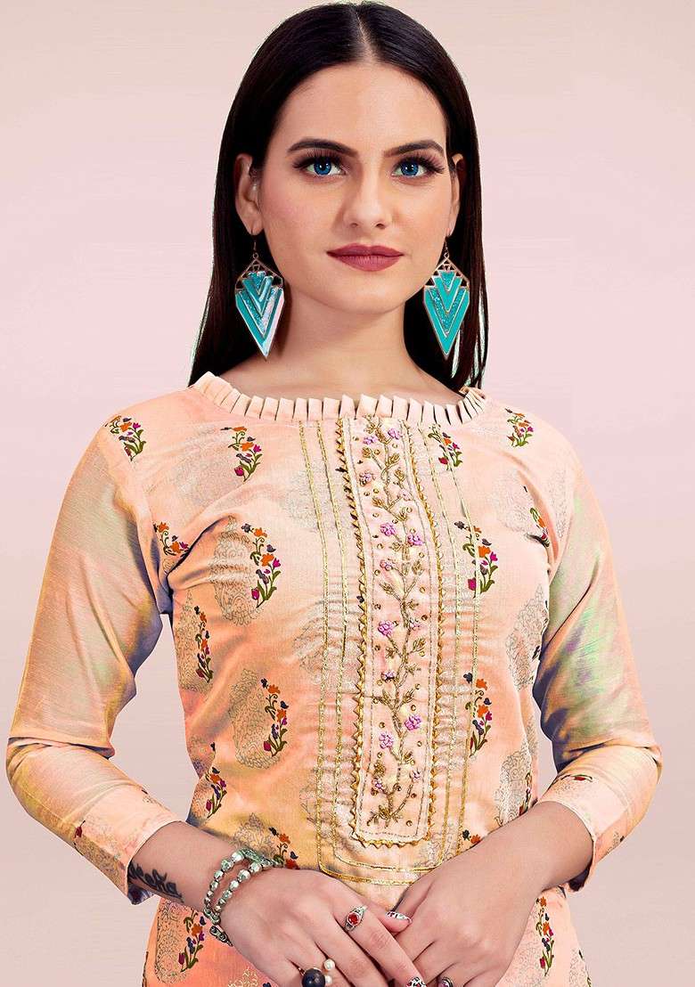Peach Embroidered Poly Straight Kurta Set - Indya