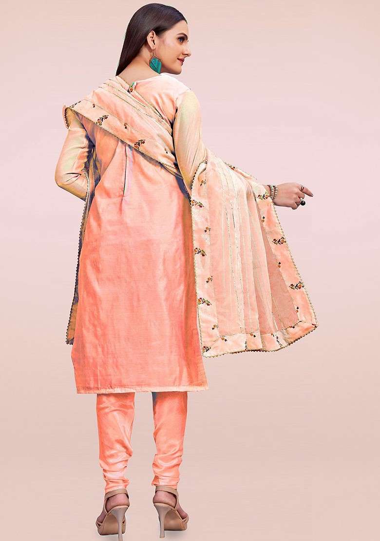 Peach Embroidered Poly Straight Kurta Set - Indya