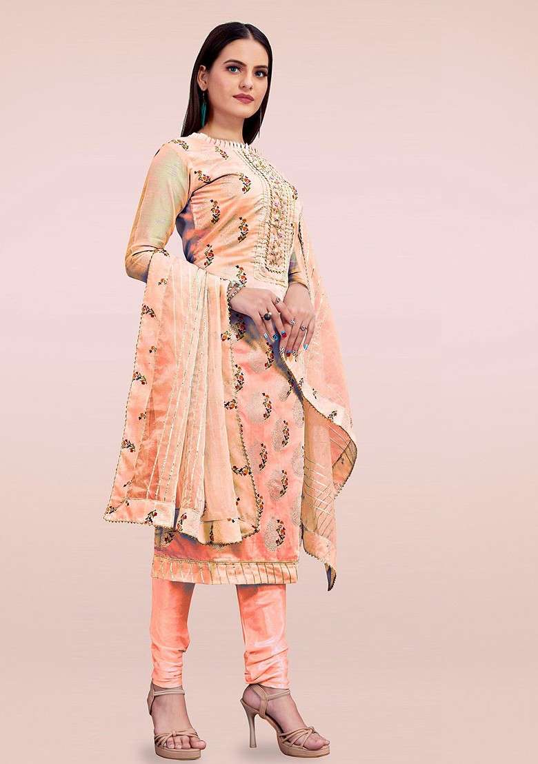 Peach Embroidered Poly Straight Kurta Set - Indya